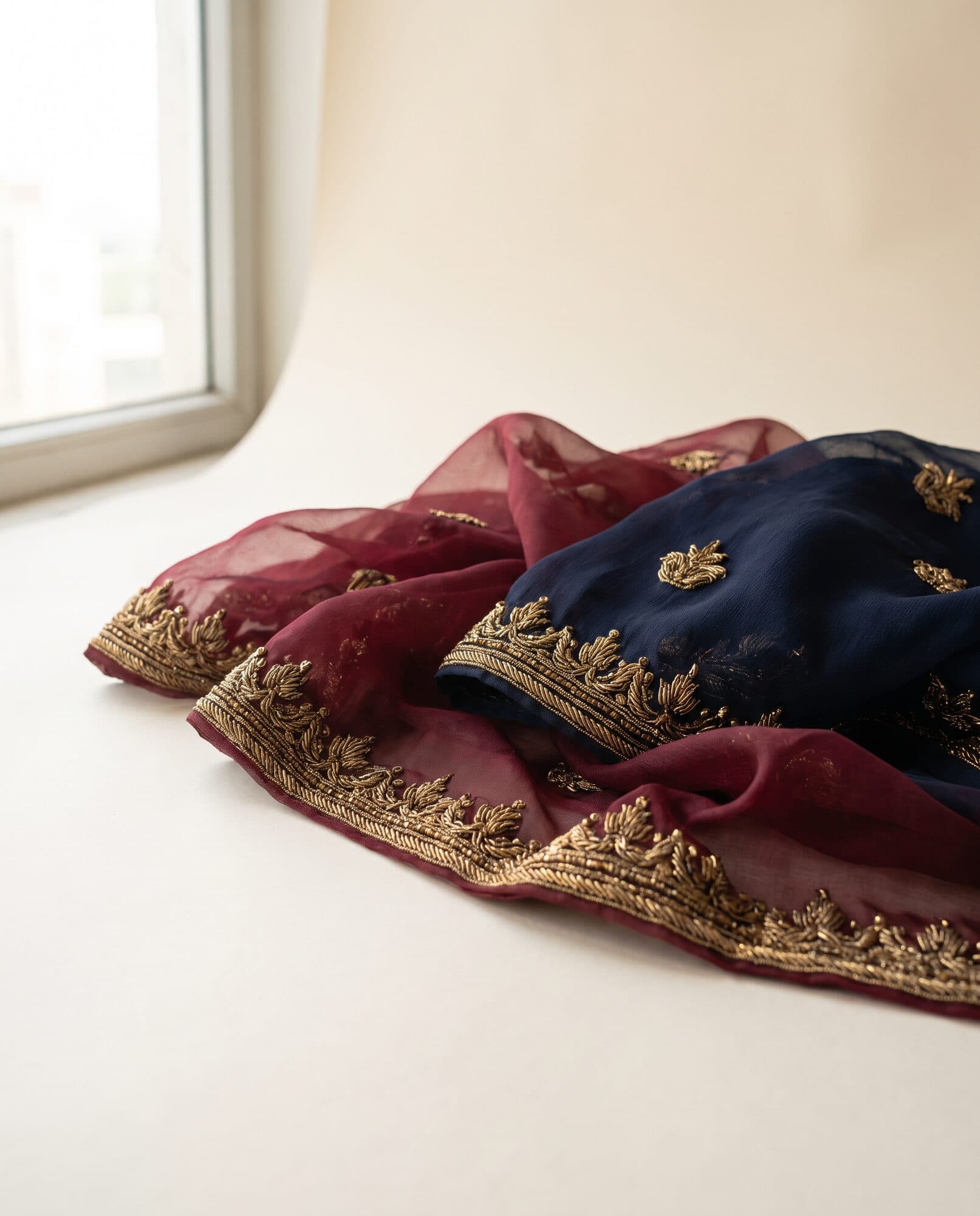 Maroon organza and midnight chiffon with antique gold zardozi hand embroidery