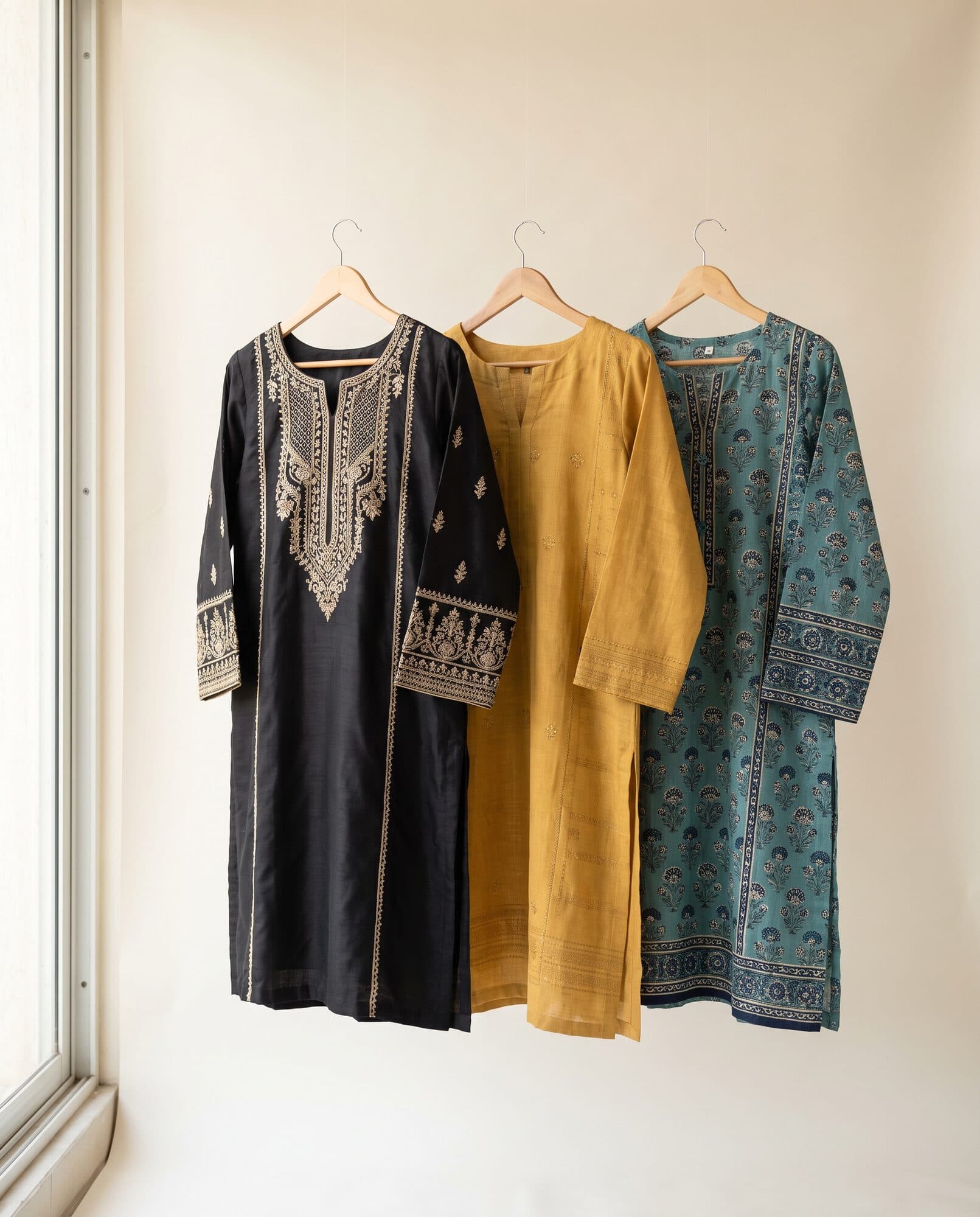 Three stitched womens kurtas on wooden hangers in black, mustard and teal