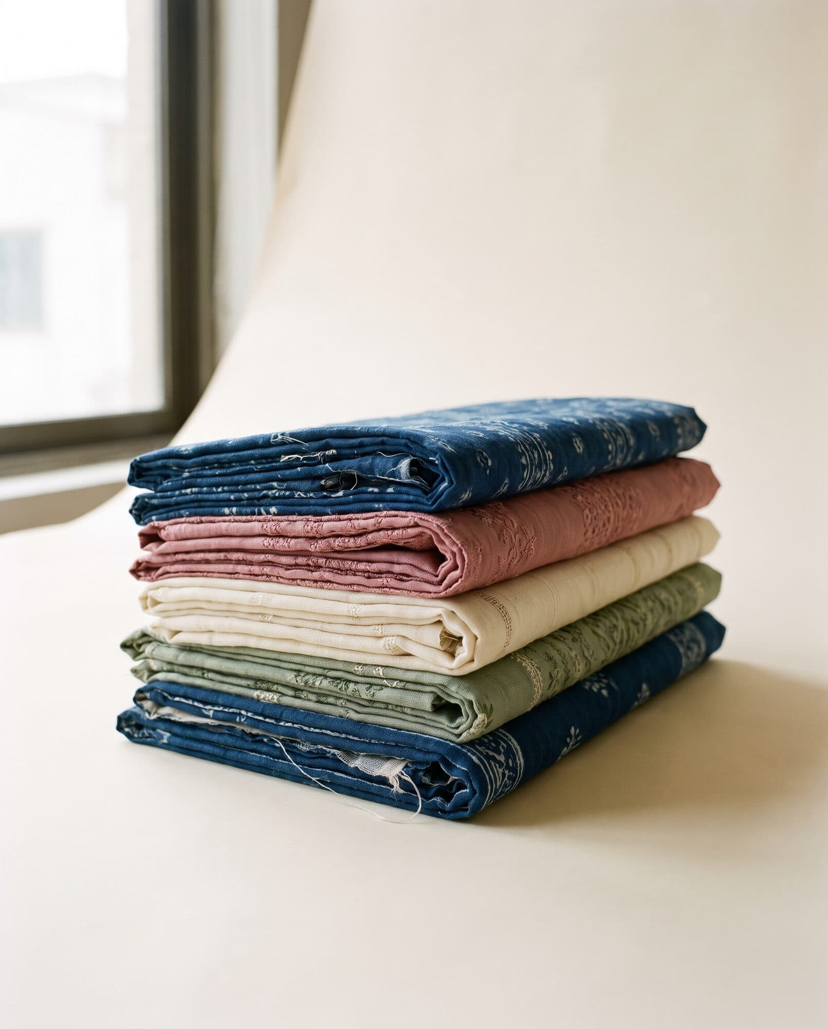 Stack of folded unstitched lawn suit fabric in indigo, rose, ivory and sage