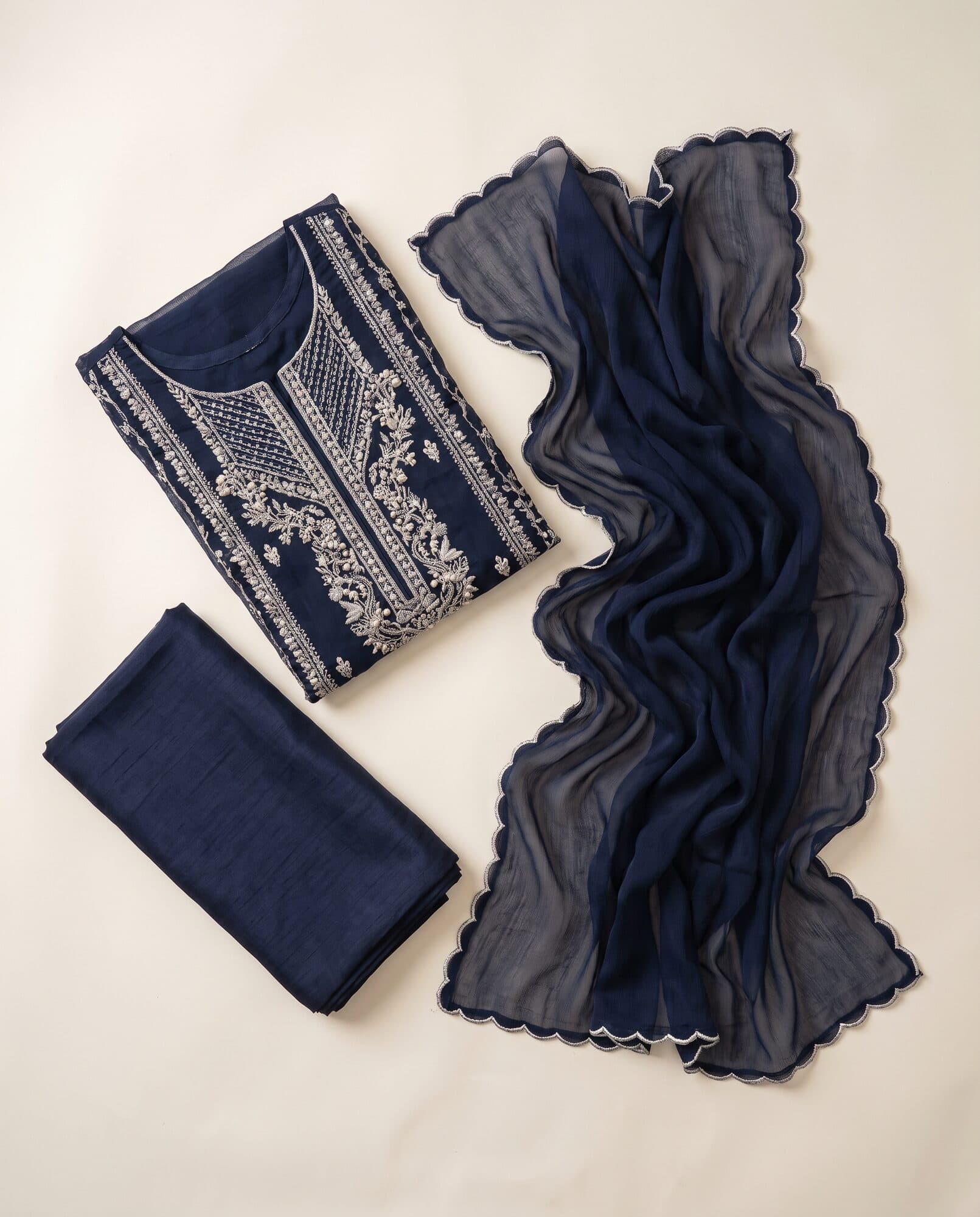 Midnight navy chiffon formal 3 piece with silver embroidery laid flat