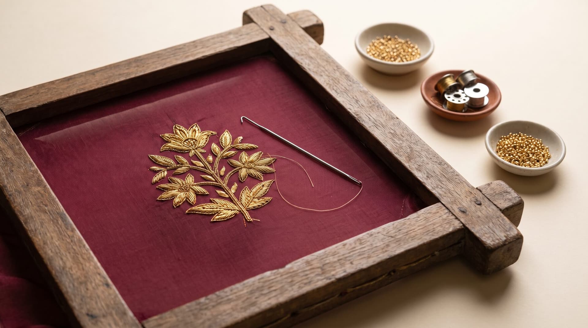 Wooden adda embroidery frame holding maroon organza part way through gold zardozi hand work