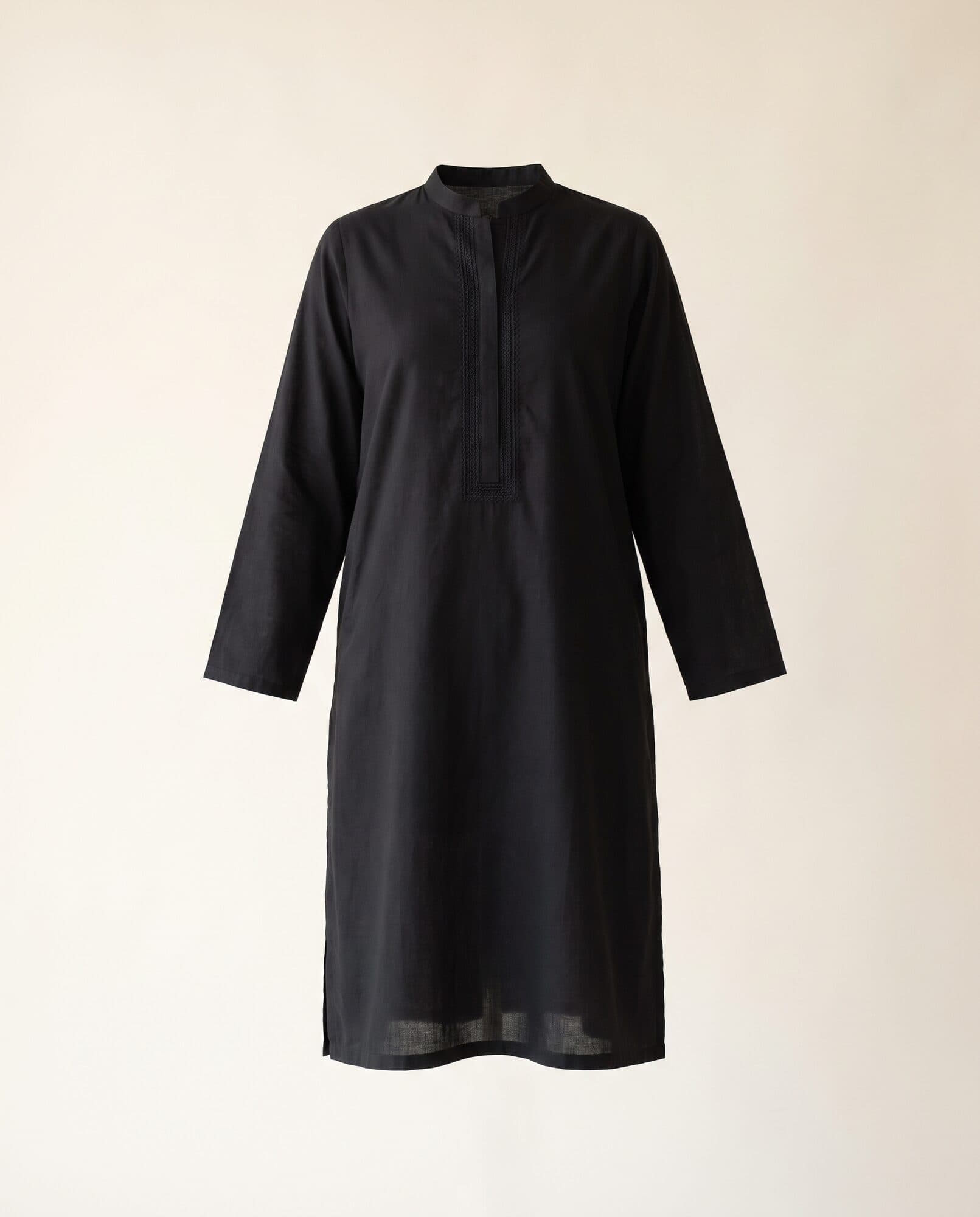 Black embroidered cambric kurta on invisible mannequin, front view