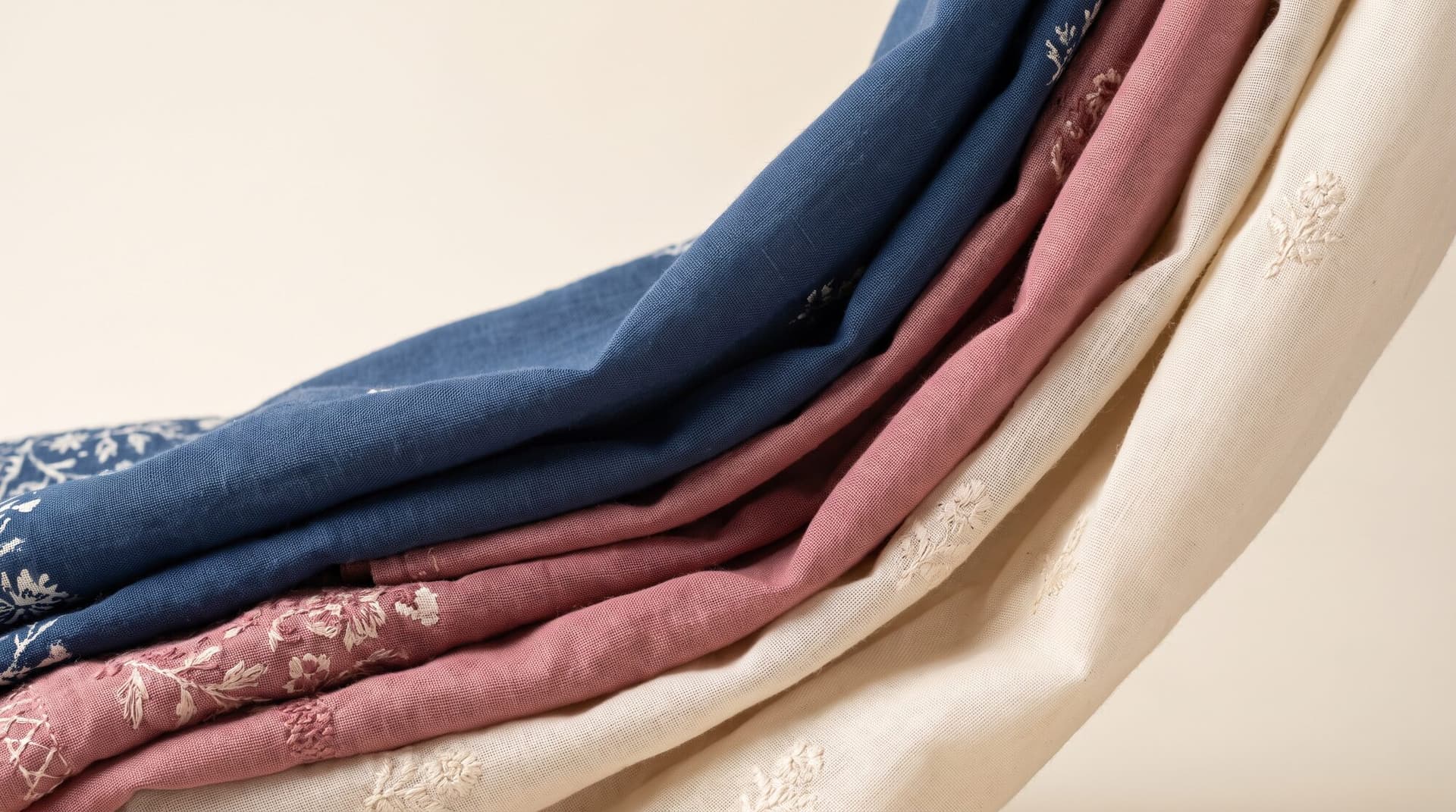 Layered Pakistani lawn cloth in indigo, dusty rose and ivory with block print and thread embroidery